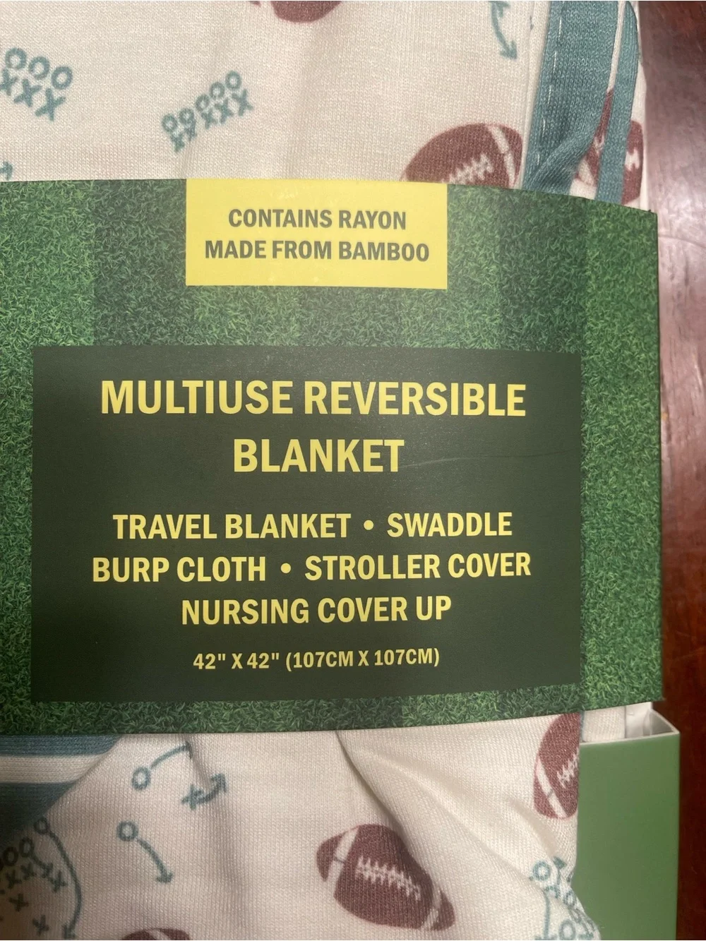 Multiuse Reversible Baby Blanket - White with Teal & Brown Football Print